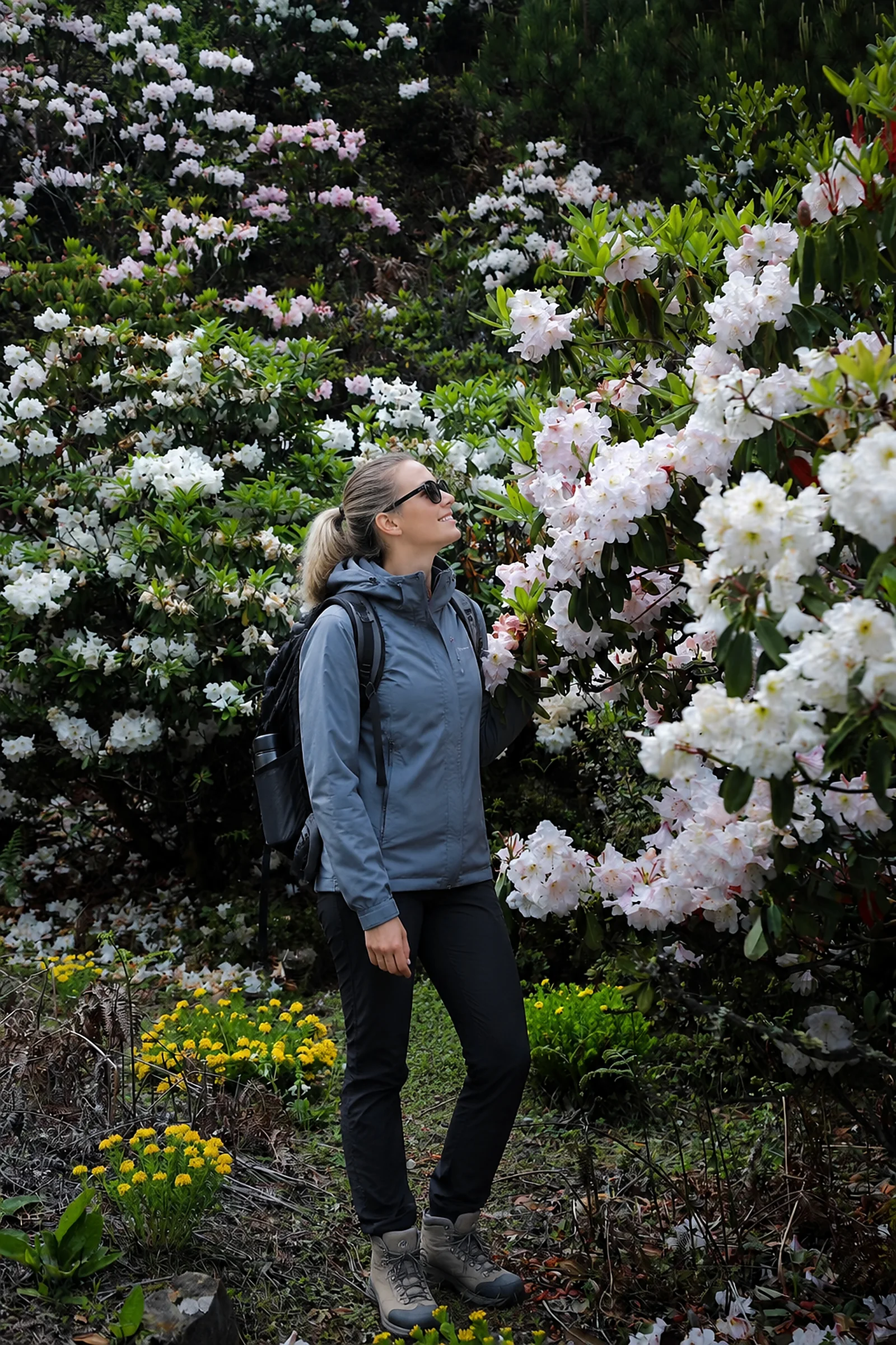 A hiker walking among flowering rhododendrons on Laoyao Mountain