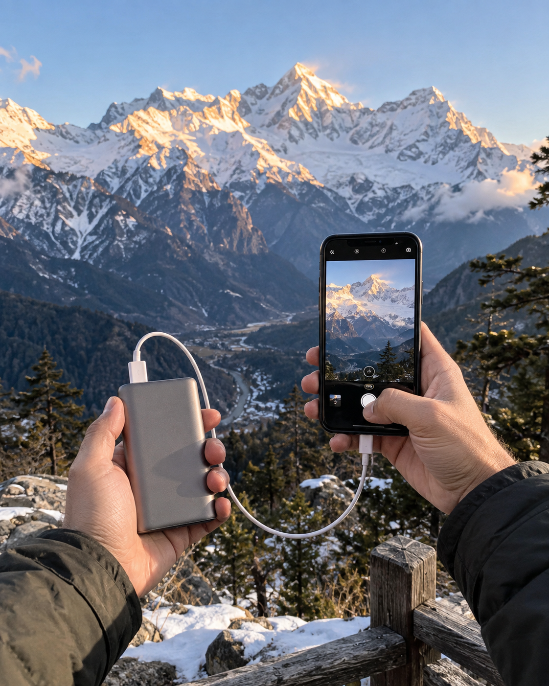 A traveller charging a phone with a power bank while photographing snow-covered mountains
