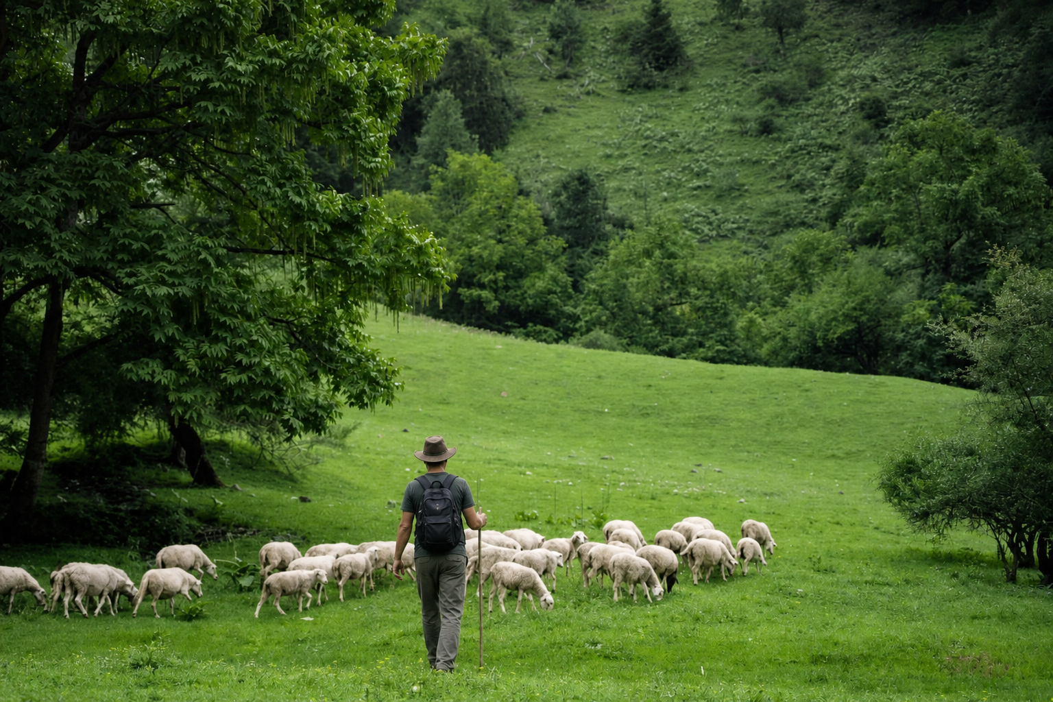 A walker crossing an open highland meadow in northwest Yunnan