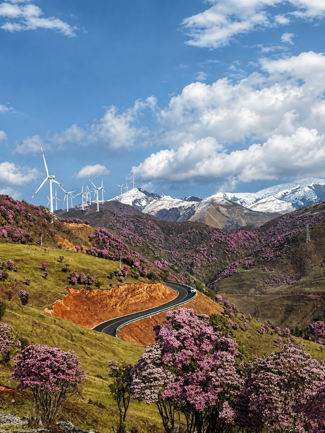 Rhododendron-covered slopes beneath distant mountains