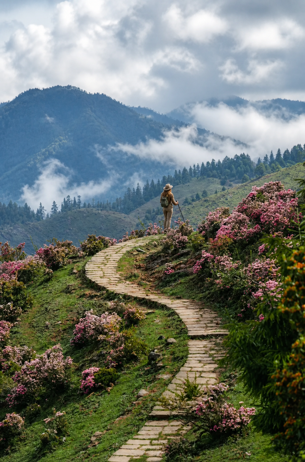 A walker following a path through seasonal rhododendrons