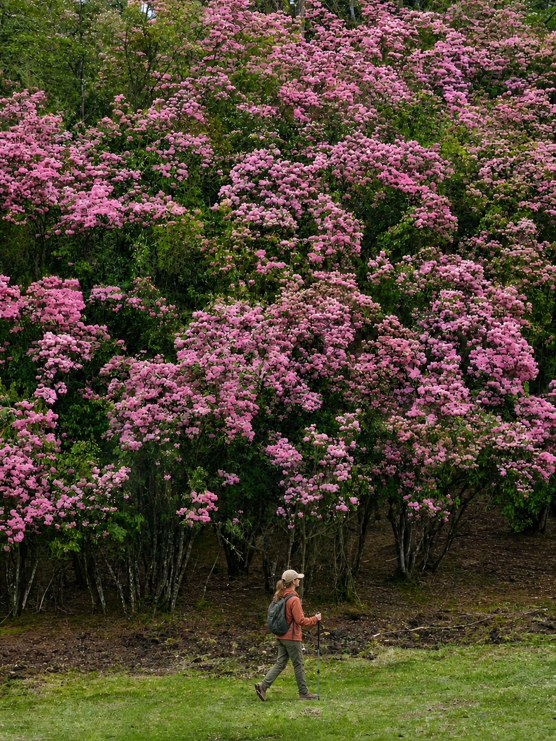 A walker beneath flowering rhododendrons in the Luoguqing mountains