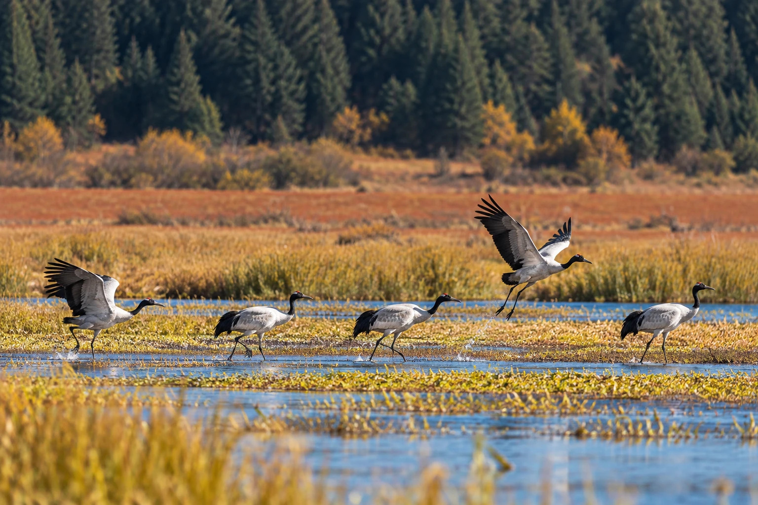 Black-necked cranes crossing an autumn wetland in northwest Yunnan