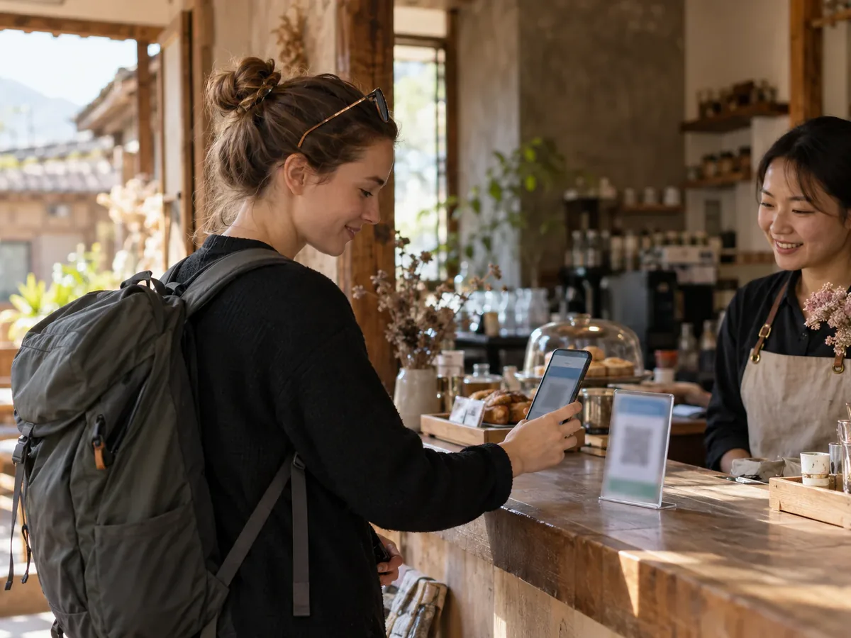 A traveller using a phone to pay at a small café in Yunnan