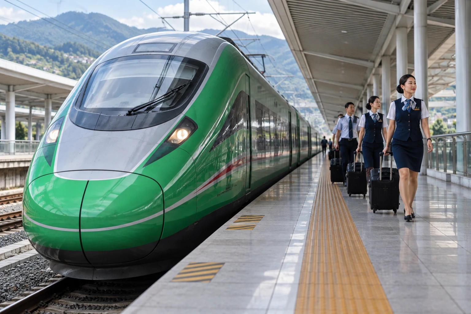 A modern passenger train at a mountain railway station in Yunnan
