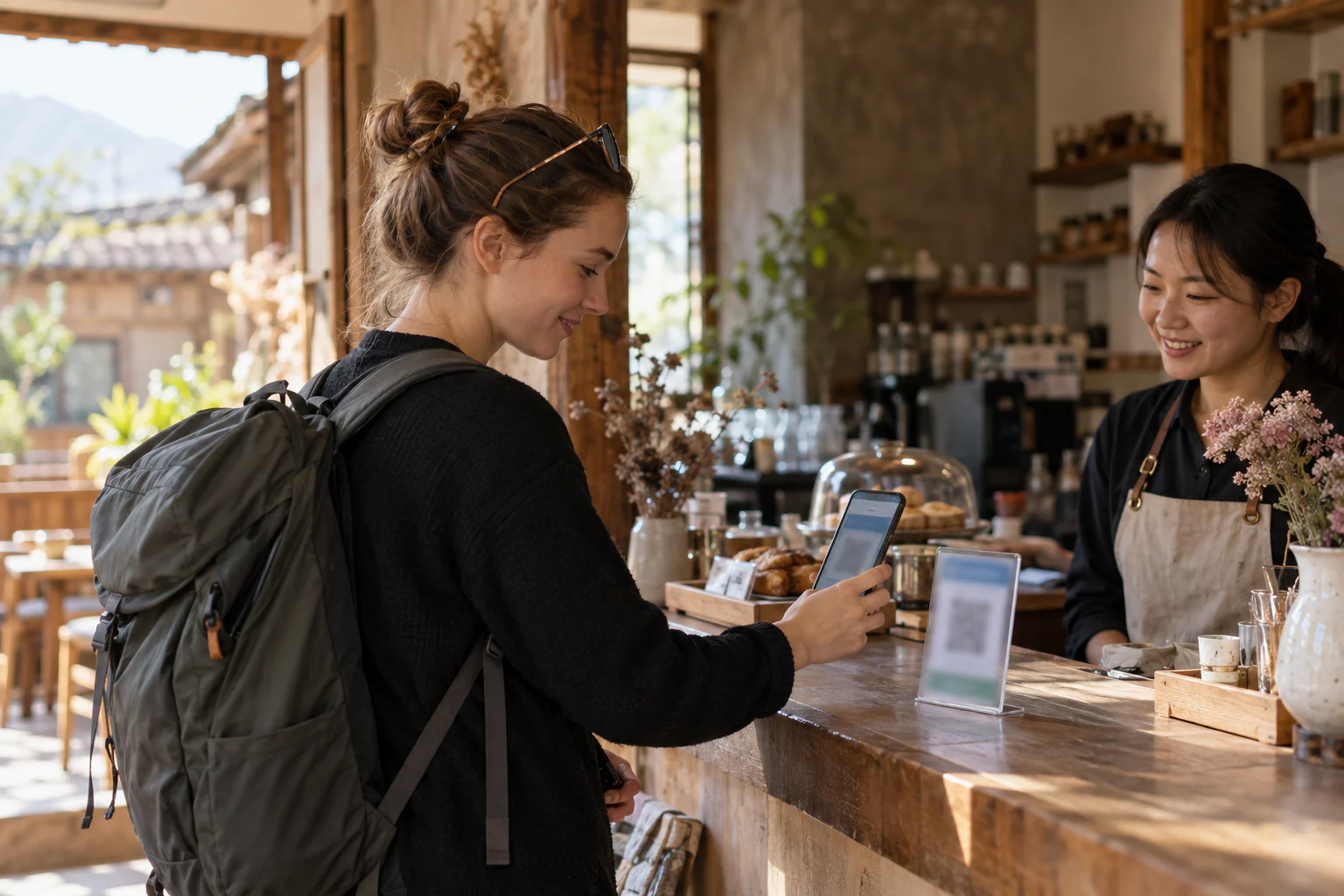A traveller using a phone to pay at a small café in Yunnan