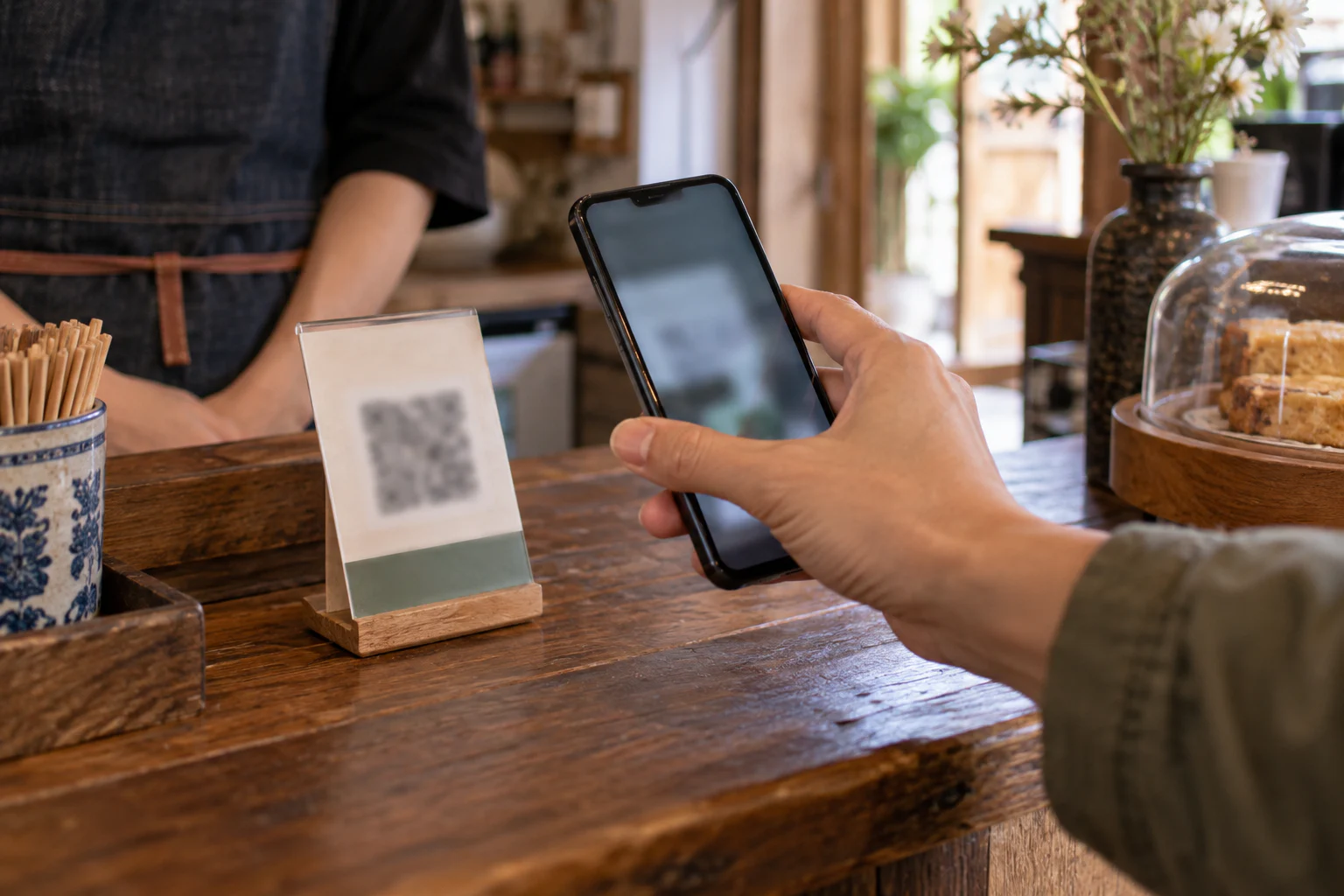 A traveller holding a phone near a blurred merchant payment code at a café counter
