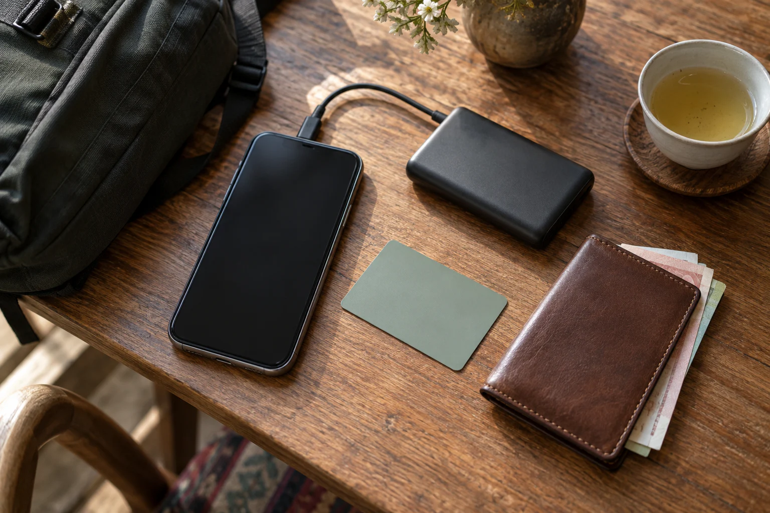 A phone, power bank, unbranded bank card and travel wallet with a small cash reserve